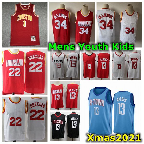 2021 mens youth kids james 13 harden basketball jerseys houstons stitched retro classic 1 mcgrady 34 hakeem olajuwon 22 clyde drexler jersey, Black;red